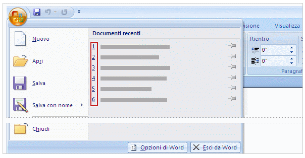 Il pulsante Microsoft Office Tramite il pulsante Office si accede a tutte le opzioni principali per la creazione e la gestione dei documenti. Cliccando su di esso viene visualizzato un menu a tendina.