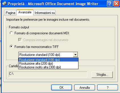 3) Premere il pulsante Proprietà e accedere alla finestra di configurazione di Microsoft Office Document Image Writer 4) Selezionare la sezione Avanzate