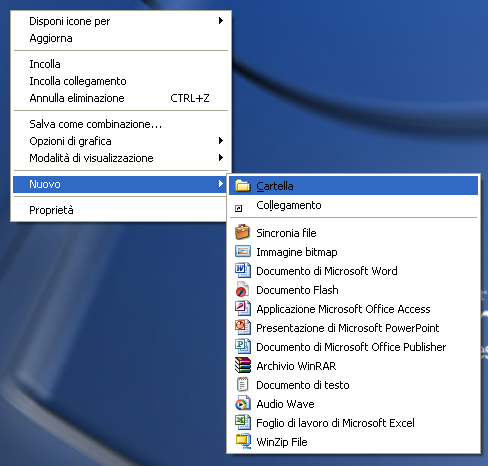 Per creare una cartella o una sottocartella Tasto destro in un punto libero del desktop o in una finestra Selezionare la voce Nuovo Quindi selezionare la voce Cartella Per cambiare il nome di una