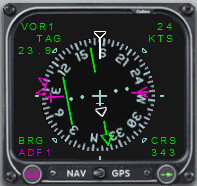 (Horizontal Situation Indicator) 5 1 2 6 11 3 10 9 12 4 7 8 13 14 A B C A) indicatore 1) indica sulla rosa graduata la prua dell'aereo in gradi 2) rosa graduata in 360, al centro è presente la sagoma