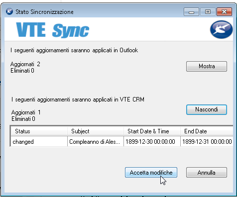 4 Sincronizzazione del Calendario La sincronizzazione del calendario sincronizza gli appuntamenti del calendario di Outlook con gli Eventi di VTECRM.