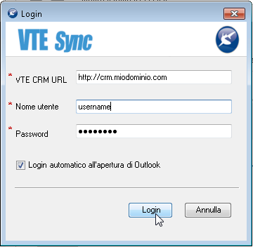 Inserire quindi: VTE CRM URL: indirizzo di VTECRM (comprensivo di http://) Nome utente: il nome dell utente di VTECRM Password: la password di accesso dell utente a VTECRM Spuntare l