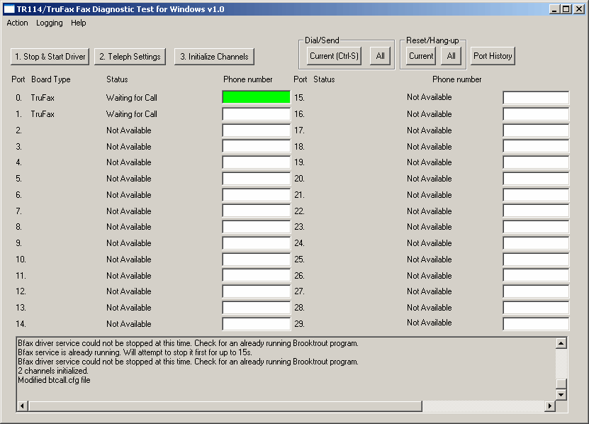 Schermata 8: Software di diagnostica Brooktrout 1.4 Installazione di Brooktrout SR140 (FoIP) Brooktrout SR140 è una soluzione software Fax over IP (FoIP) di Dialogic Technology.