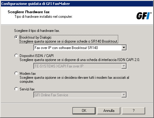 Schermata 9: Selezione del driver Brooktrout SR140 3. Fare clic su Brooktrout di Dialogic e selezionare Software Fax over IP Brooktrout SR140. Per continuare, fare clic su Avanti. 4.