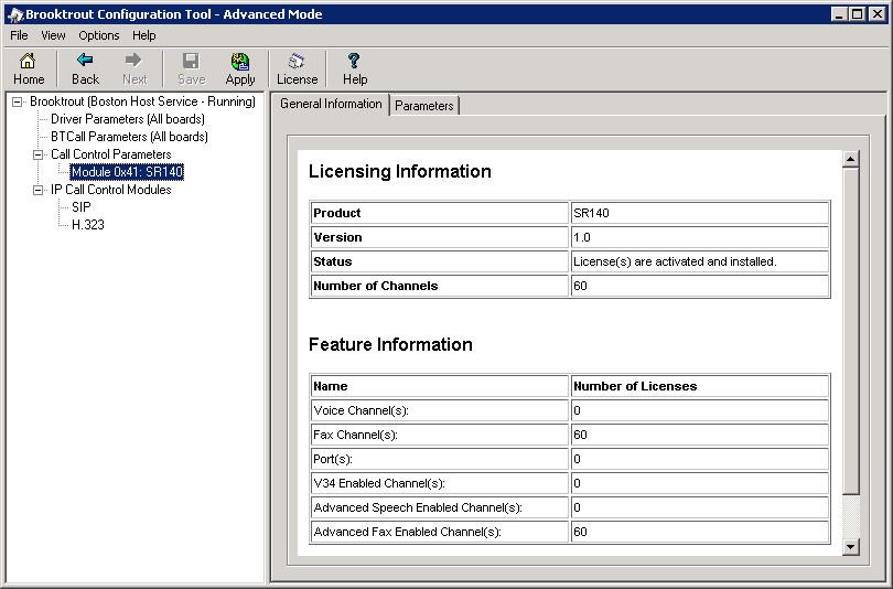 Schermata 14: Strumento di configurazione Brooktrout 16. Nello strumento di configurazione Brooktrout, verificare che le impostazioni corrispondano alla configurazione.