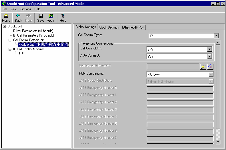 Schermata 7: Finestra dello strumento di configurazione Brooktrout 13. Verificare che le impostazioni corrispondano alla configurazione.