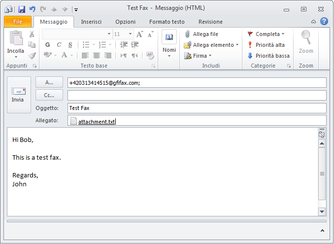 Schermata 5: Invio di un fax da Microsoft Outlook Nota importante: questo metodo di trasmissione converte gli allegati sul server GFI FaxMaker Online.