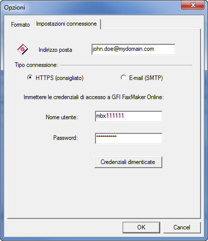 Schermata 9: Connessione a GFI FaxMaker Online via HTTPS GFI