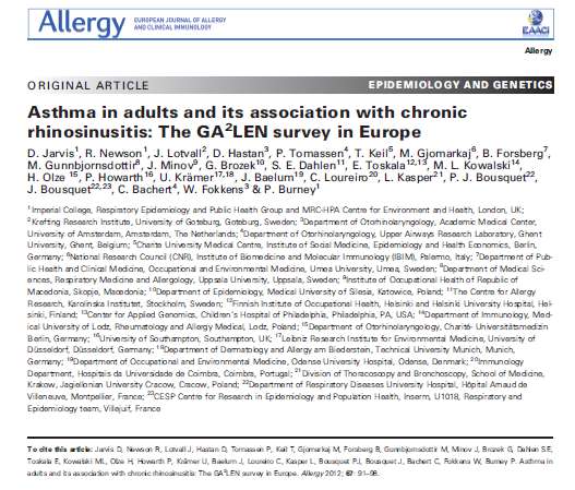 Associazione dell asma con la rinosinusite Conclusioni : è stata osservata una variazione geografica nella prevalenza self-reported dell asma nelle varie Nazioni Europee, con una prevalenza più