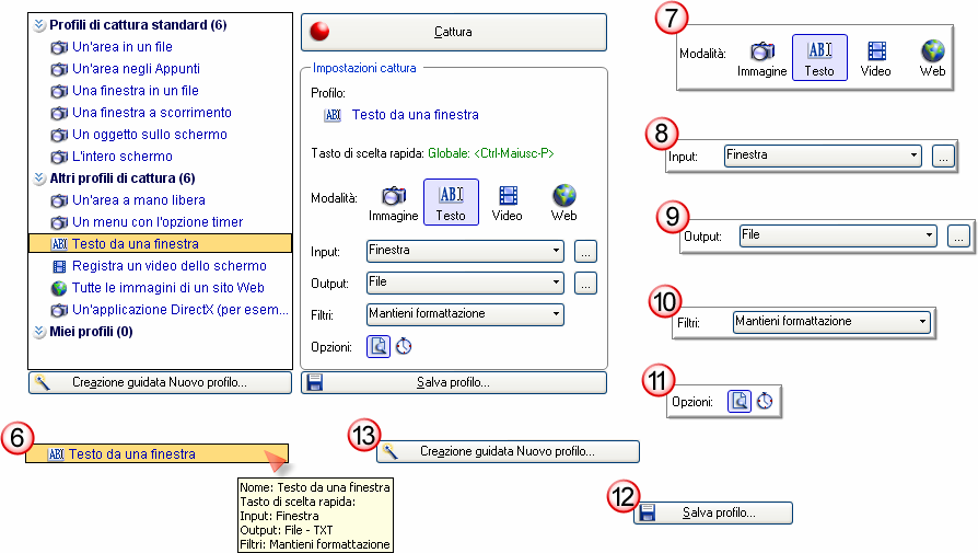 Guida Introduttiva Le proprietà dei profili di cattura vengono visualizzate sotto forma di descrizione comandi. Esse comprendono informazioni come tasti di scelta rapida, input, output e filtri.