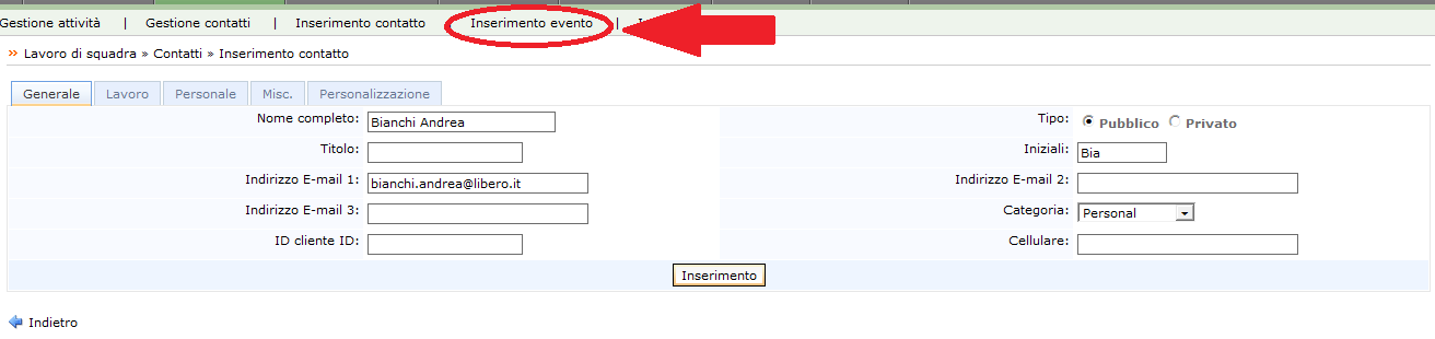 Si aprirà la schermata per inserire l' evento; inserire l' evento e cliccare su Inserimento : L'evento sarà così visibile