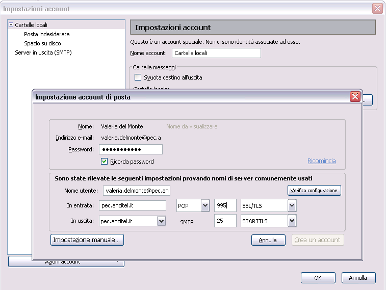 Pag. 14 di 18 Modificare i seguenti parametri: Nome utente: aggiungere il suffisso @pec.ancitel.it come riportato in Figura 10 In entrata: pec.ancitel.it POP 995 SSL/TLS In uscita: pec.