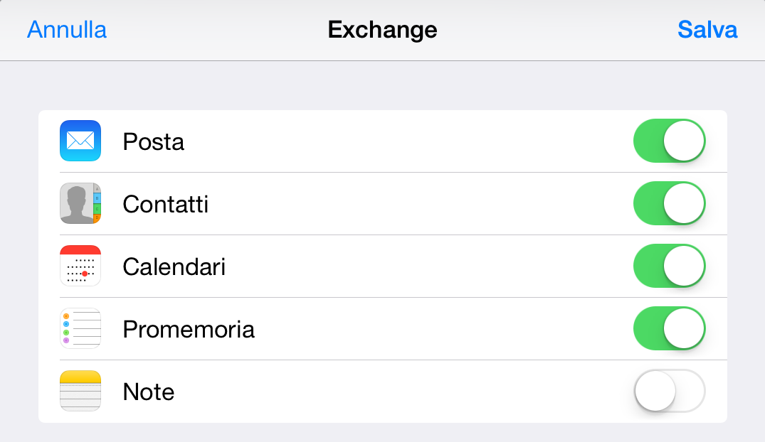 Figura 6: Configurazione Account Specificare quali elementi si desidera sincronizzare e selezionare Salva : Figura 7: Sincronizzazione A questo punto partirà la sincronizzazione dell account sul