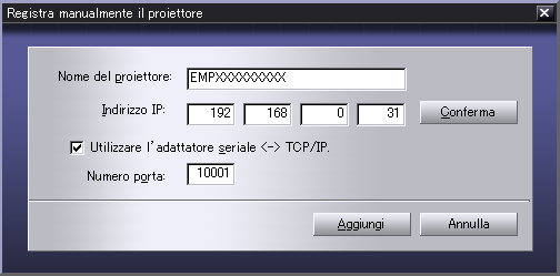 Re gistrazione dei proiettori per il monitoraggio 6 Registrazione tramite indirizzo IP (Registrazione manuale) Procedura 1 2 Fare clic su [Registrazione manuale] nella finestra di dialogo [Registra