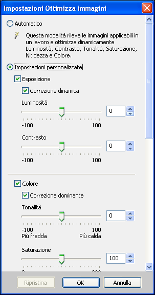 OPZIONI DI STAMPA 103 Ottimizzazione immagini L opzione Ottimizzazione immagini consente di applicare un effetto di ottimizzazione fotografica alle immagini a colori su pagine o fogli specifici di un