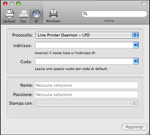 MAC OS X 15 PER AGGIUNGERE UNA STAMPANTE CON IL COLLEGAMENTO IP 1 Fare clic sull icona IP nella finestra di dialogo.