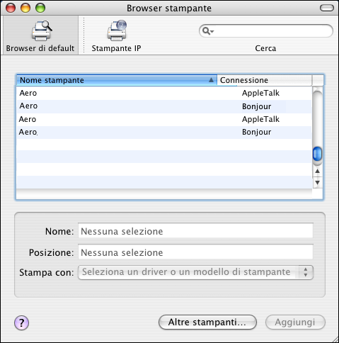 MAC OS X 21 PER AGGIUNGERE UNA STAMPANTE CON IL COLLEGAMENTO BROWSER DI DEFAULT (BONJOUR O APPLETALK) NOTA: La configurazione delle stampanti Bonjour funziona solo se E100 si trova all interno della