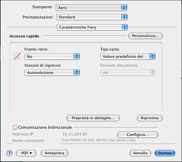 MAC OS X 30 Selezionando Valore predefinito della stampante, il lavoro viene stampato in base alle impostazioni immesse dall amministratore durante la configurazione.