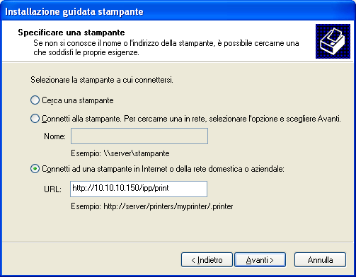 WINDOWS 51 5 Su Windows 2000/XP/Server 2003/Vista: nel campo URL, digitare l indirizzo IP o il nome DNS di E100, seguito da ipp/ e dal nome del collegamento (hold, direct o print o il nome della