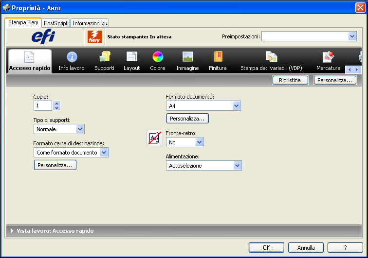 WINDOWS 56 PER IMPOSTARE LE OPZIONI DI STAMPA PER UN LAVORO SPECIFICO DA WINDOWS CON IL DRIVER DI STAMPA 1 Dall applicazione, selezionare File > Stampa e selezionare E100 come stampante.