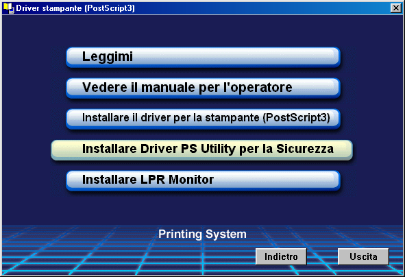 Installazione dell'utilità di protezione del driver PS Windows 5 Selezionare Installare Driver PS Utility per la Sicurezza.