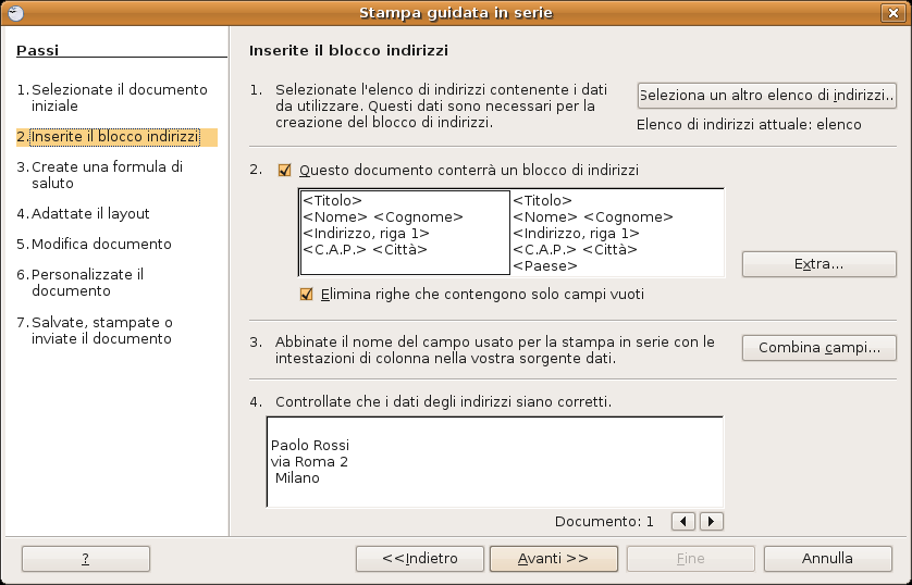 3.5.1.3 Inserire campi di dati in un documento principale di una stampa unione (lettera, etichette di indirizzi).