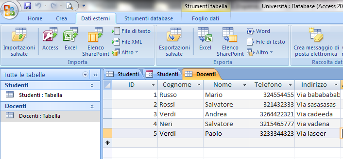 L'importazione è terminata, se andiamo a controllare i dati nella tabella che è stata appena creata, ovvero Docenti, troveremo i dati