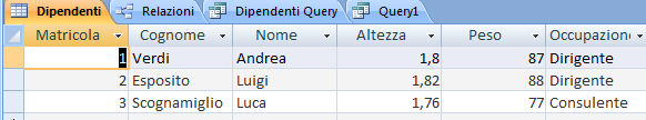 Il risultato è il seguente: Di seguito un esempio di aggiornamento (Update) utilizzando la creazione guidata di Access: In cui si possono vedere i nuovi valori che