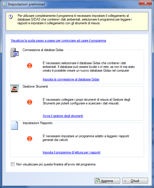 5. Configurazioni preliminari Quando il programma viene avviato la prima volta può essere necessario eseguire le seguenti operazioni: Selezionare il database Gidas che contiene i dati ambientali; il