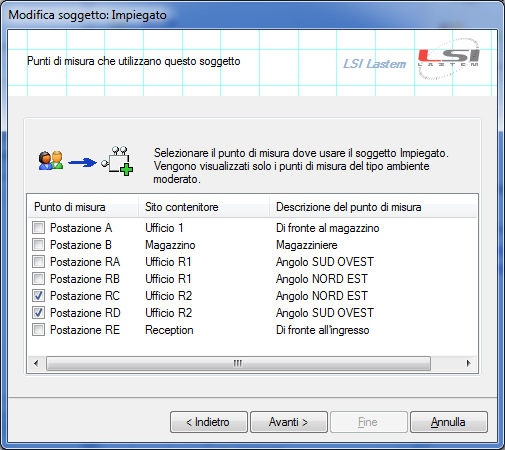 Dopo aver definito i dati caratteristici del soggetto la seconda schermata visualizza la lista dei punti di misura dello stesso ambiente già presenti nel progetto dove è possibile selezionare i punti