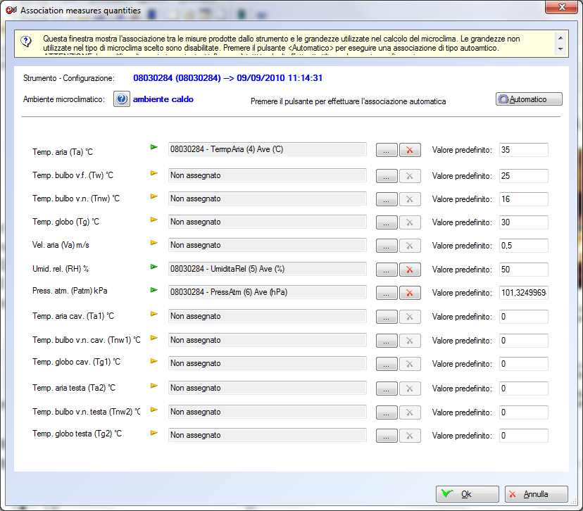 Questo pulsante avvia la finestra di associazione che mostra per tutte le grandezze utilizzate nei calcoli di un determinato ambiente microclimatico i canali misurati associati e i valori di default