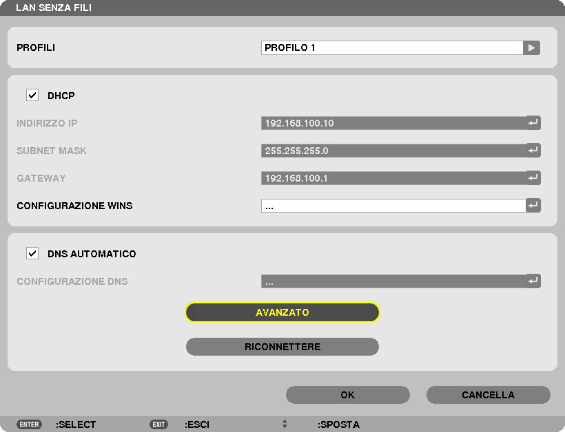 crittografato con WEP, ecc., appare la schermata [SICUREZZA]. NOTA - Consultare l amministratore di rete per sapere a quale SSID è possibile connettersi.