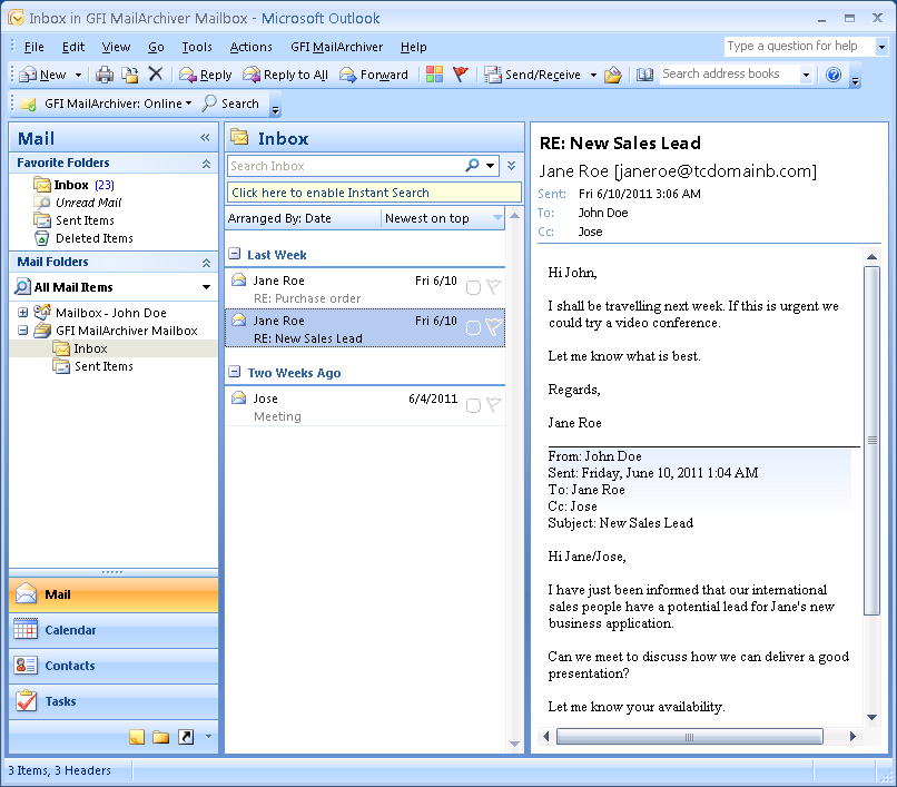 Schermata 2: Office 2003/2007: Messaggi nella posta in arrivo di GFI MailArchiver