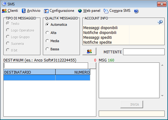 6 SMS 6.1 Invio SMS Il programma consente l invio di messaggi di testo SMS attraverso la rete internet. Per inviare SMS è necessario attivare un proprio account.