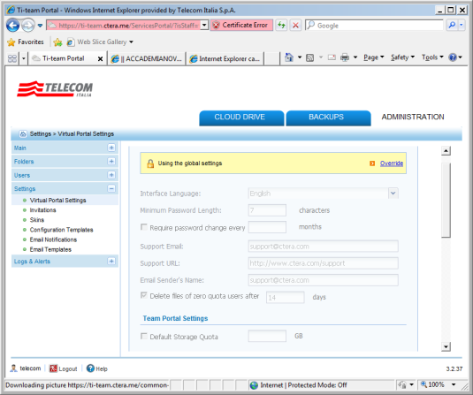 Controllo dello stato del sistema Amministratore di Sistema: Screenshot Portale di Gestione Main Controllo Storage, Utenti, Licenze, Devices., Reports.