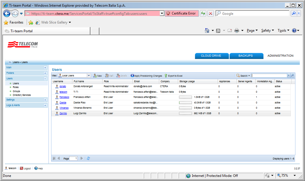 Amministratore di Sistema: Screenshot Utenti Users Gestione degli Utenti configurati, modifica utente esistente.