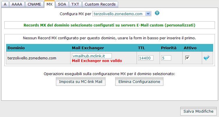 Si noti come sia consentita l impostazione degli MX su MC-link Mail solo per i domini censiti sulla piattaforma.