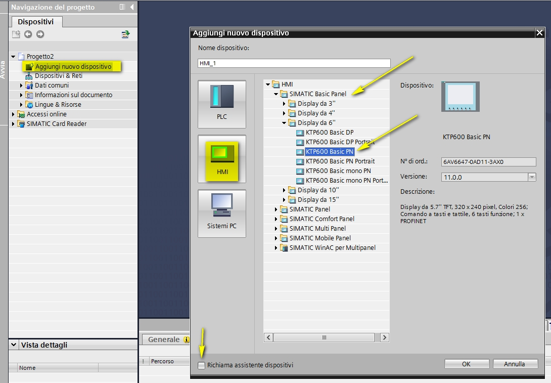 Realizzazione della parte software con WinCC Basic v11 Aperto il nuovo software si crea il progetto nella vista portale, e dopo aver cliccato su crea, come indicato dalla freccia rossa si accede alla