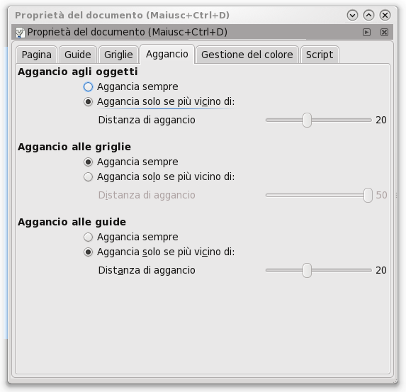 Preferenze del documento Con la quarta linguetta impostiamo i parametri riguardanti l'aggancio alle griglie ed alle guide.