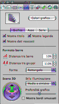 Per regolare le impostazioni della scena 3D utilizzando "Impostazioni grafico": 1 Seleziona un grafico 3D, fai clic su Impostazioni nella barra degli strumenti, fai clic sul pulsante "Impostazioni