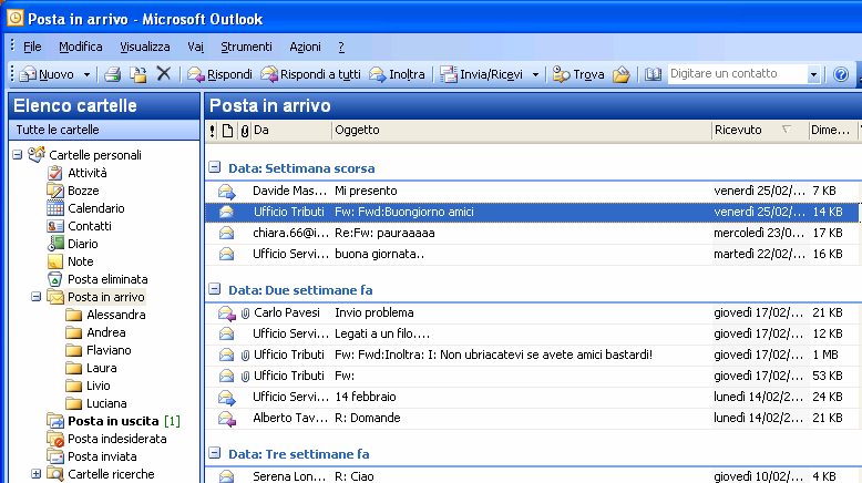 5. Eliminare E-mail Occorre aprire la finestra dove si trova l e-mail da eliminare (Posta in arrivo, Posta inviata, Posta in uscita oppure Posta eliminata.