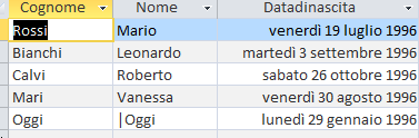 FINISCEPER Cerca alunni il cui cognome finisce con I SELECT alunni.cognome, alunni.nome, WHERE (((alunni.cognome) LIKE "*I")); contiene Cerca alunni il cui cognome contiene la R SELECT alunni.