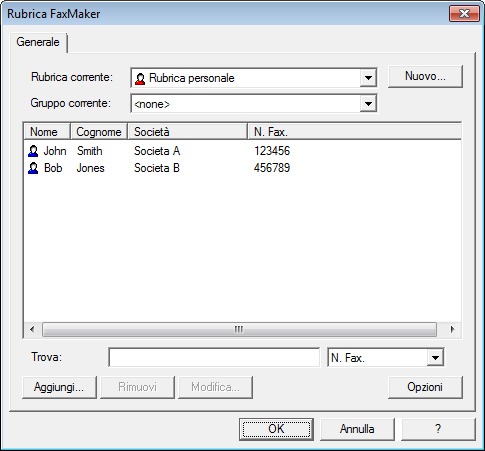 Schermata 13: La rubrica di GFI FaxMaker La rubrica di GFI FaxMaker contiene: Rubriche: archiviazione di contatti e gruppi. È possibile creare più rubriche.