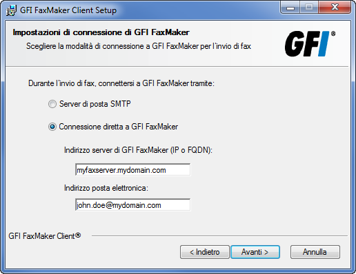 Schermata 3: Connessione a GFI FaxMaker 5. Quando si installa il modulo messaggio fax di GFI FaxMaker, scegliere la modalità di connessione a GFI FaxMaker.