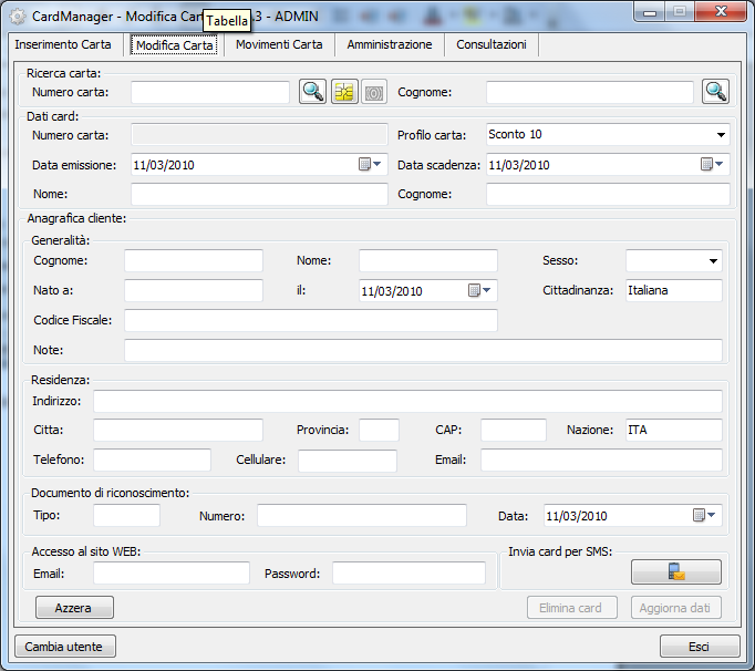 Pagine Pag. 8 di 22 Mdifica card: Nella scheda mdifica si pssn mdificare i dati sia relativi ad una card che al cliente assciat alla card.