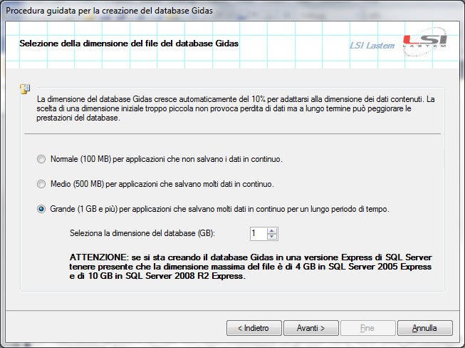 Si tenga presente che le versioni SQL Server Express hanno una limitazione sulla dimensione massima