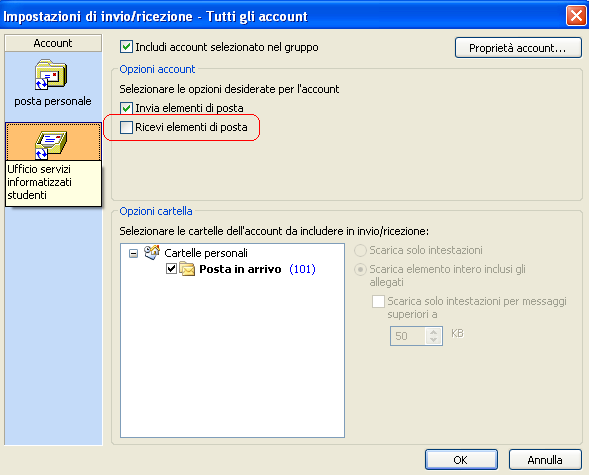 si apre la maschera in figura - Cliccare MODIFICA e selezionare (a sinistra) l account di ufficio.