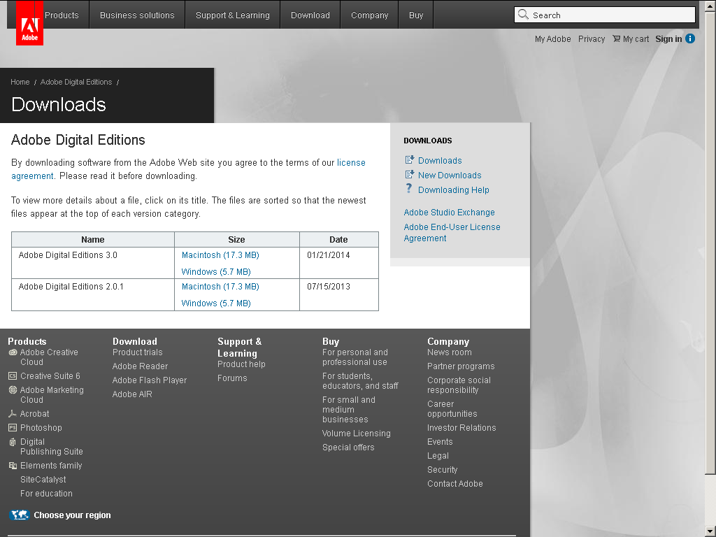 Si aprirà la pagina Downloads di www.adobe.com (sito sicuro) Nella tabella al centro dello schermo scegliere la versione di Adobe Digital Editions (nell'esempio, la 2.01 è meno recente della 3.