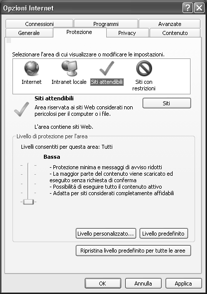 dopo aver selezionato Siti attendibili, impostare su Bassa il livello di protezione per la voce Livello predefinito e