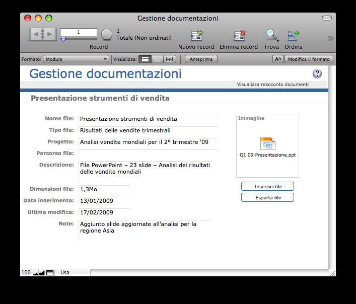 Passo 2: Inserimento di un file nel file Gestione documentazioni Figura 2: Impiego del file Gestione documentazioni per memorizzare i dettagli di una presentazione PowerPoint Il formato Vista modulo